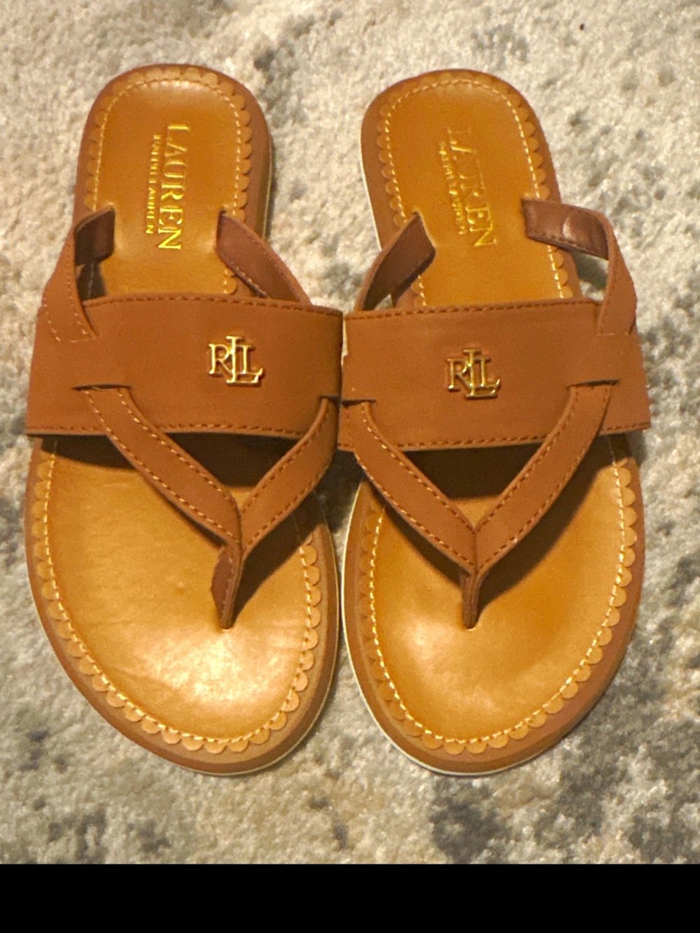 Lauren Ralph Lauren Cognac Leather Thong Sandals with Gold RL Accent